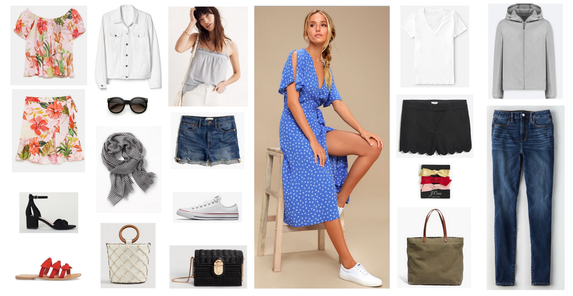 Vacation capsule wardrobe for NYC, SF, and Las Vegas: Two piece floral set, white denim jacket, blue tank top, distressed denim shorts, sunglasses, red sandals, white Converse sneakers, houndstooth scarf, bucket bag, crossbody bag in black, black heels, blue open shoulder midi dress in blue polka dot, white v-neck tee, black scalloped shorts, hair ties, waterproof tote bag, gray zip up hoodie, skinny jeans