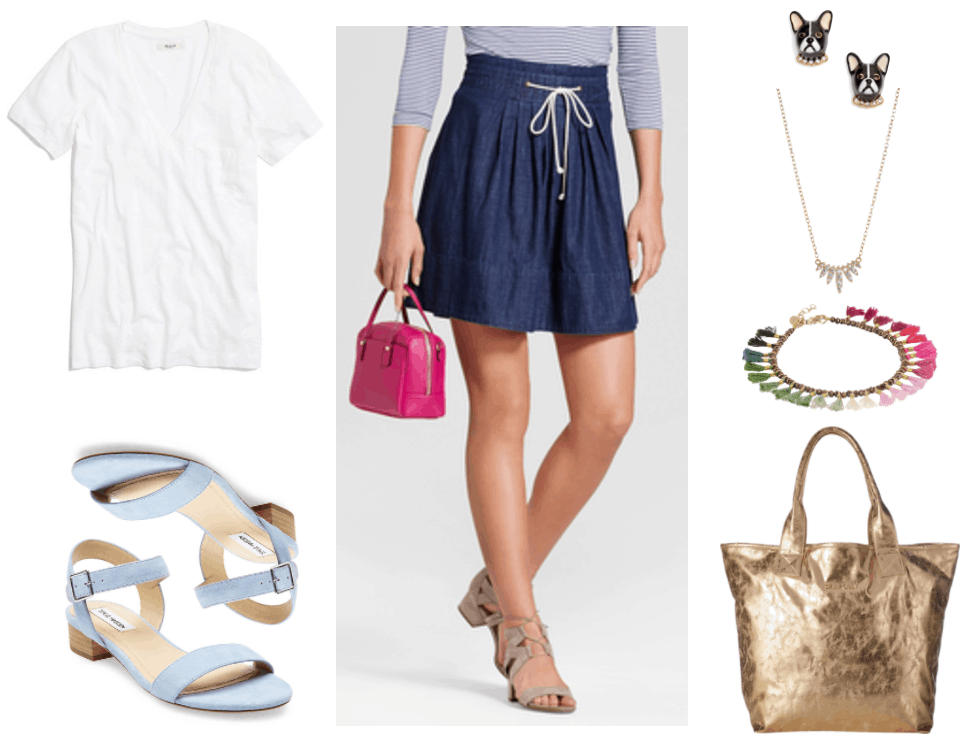 First week of college outfits: Look featuring white v-neck short-sleeved t-shirt, pale blue ankle-strap sandals with very small wooden block heel, high-waisted dark-wash a-line denim skirt with white drawstring ties, French Bulldog stud earrings with clear stone "collar," gold "wing" pendant necklace with clear stones, ombré tassel bracelet in shades of green, white, and pink with copper beads; copper tote