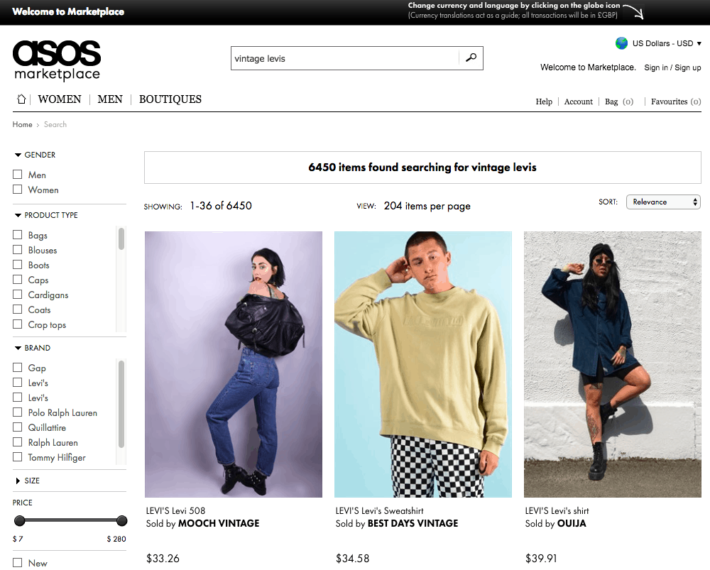 Photo of ASOS Marketplace search page.
