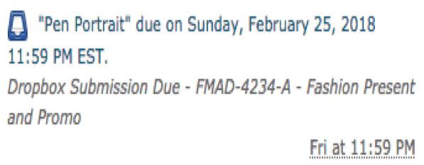 Assignment notification that states a "pen portrait" is due Sunday, February 25, 2018 11:59 PM EST.