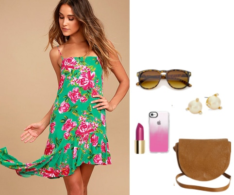 How to wear an asymmetrical dress during the day: Daytime outfit for class including a pink and green floral print dress with ruffle hem, brown western shoulder bag, brown tortiseshell sunglasses, pearl earrings, pink ombré phone case