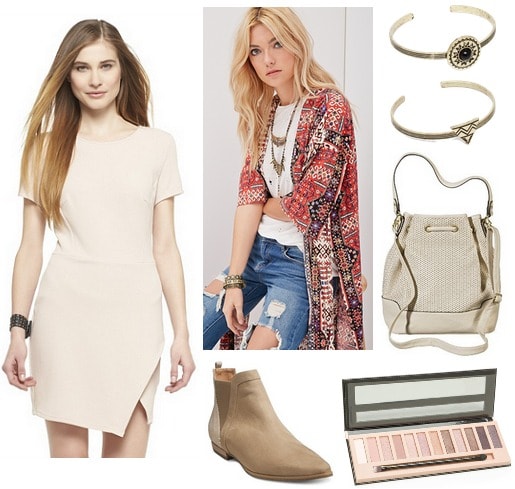 Asymmetrical dress, kimono jacket, booties