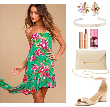 How to wear an asymmetrical dress for a night out: Asymmetrical dress outfit with a pink and green floral dress, beige choker necklace, floral stud earrings, beige chain strap bag, nude sandals