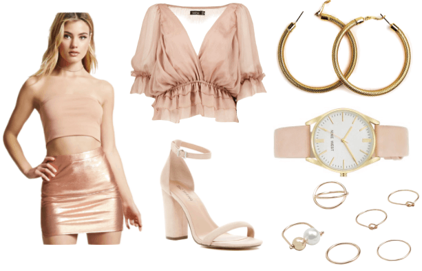 Rose gold outfit idea inspired by Athena: Rose gold metallic mini skirt, nude strappy heels, rose gold watch, gold hoop earrings, blush pink crop top blouse