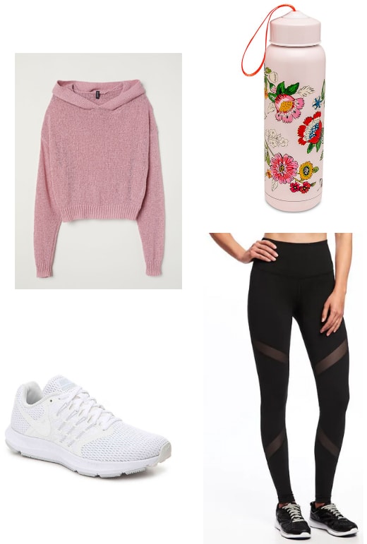 Athleisure outfit with a pink sweater and water bottle, workout leggings and black sneakers