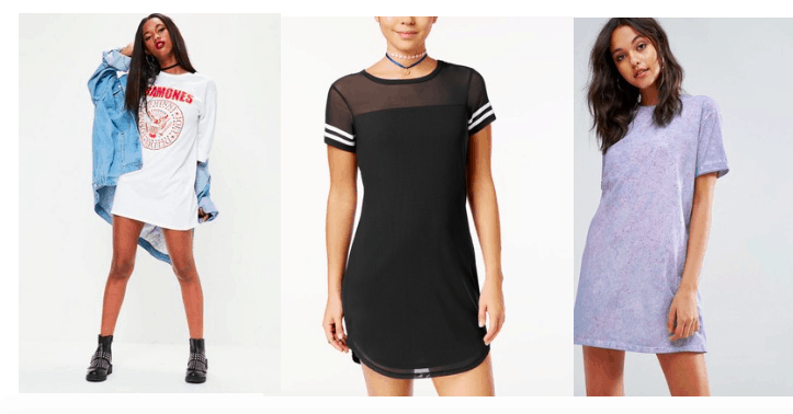 Athleisure t shirt dresses trend. How to style a t shirt dress for day and night. Includes: Ramones t shirt dress in white, black and white stripe t shirt dress, purple tie dye t shirt dress