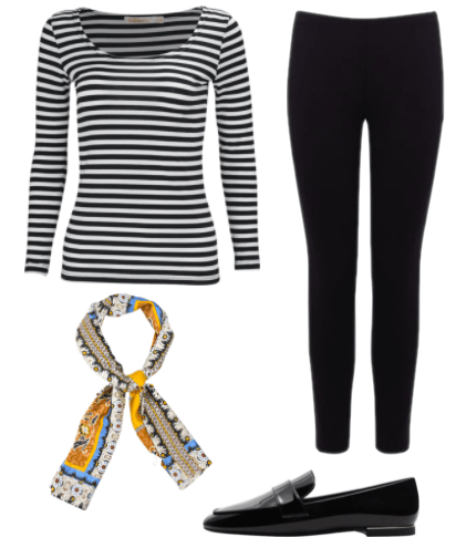 Audrey Hepburn outfit: A black and white horizontal striped long sleeve shirt, black pants, black loafers, and a blue, orange, and cream patterned neckerchief