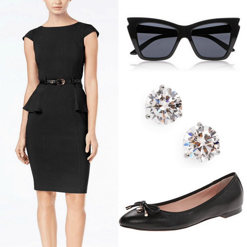 Le style Audrey Hepburn : Tenue inspirée d'Audrey Hepburn avec petite robe noire, lunettes de soleil oversize, faux clous en diamant et ballerines noires