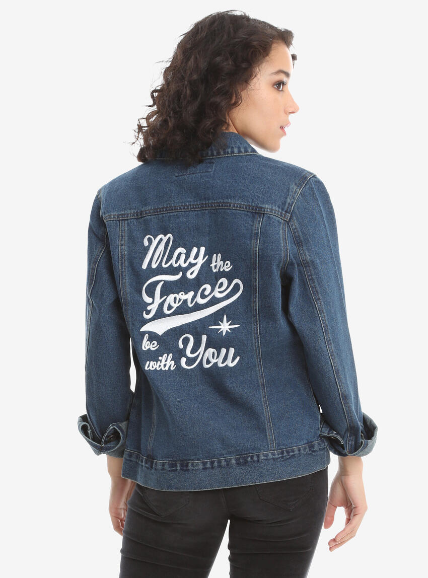 100% cotton denim jacket with embroidered “May the Force Be With You” on the back. The front features “SW” patch on the upper left corner of the wearer.