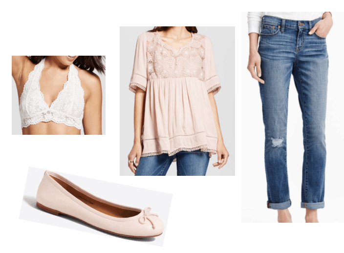 Cute outfit idea for warm weather: Pink babydoll top, boyfriend jeans, white lace bralette, pink ballet flats