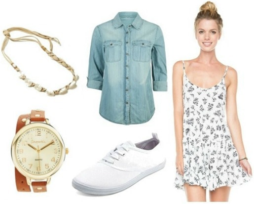 Back to school dress shopping outfit chambray top sneakers