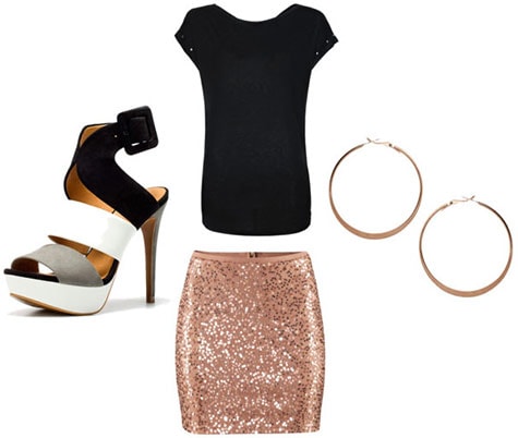 Back to School outfit 1: End of summer party (sequin skirt, black tee shirt, heels, statement earrings)