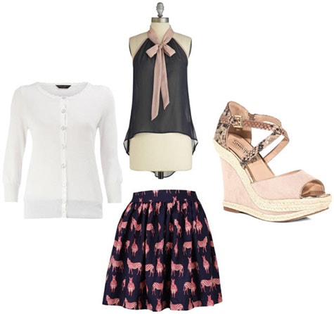 Back to School outfit 2: Sorority rush (printed skirt, bow blouse, white cardigan, wedges)