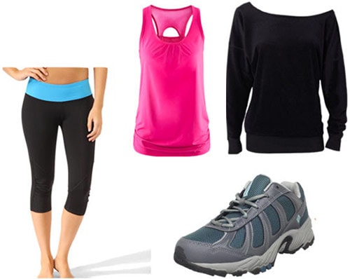 Back to school outfit 3: Back to the campus gym (workout shoes, tank, off-shoulder sweatshirt, leggings)