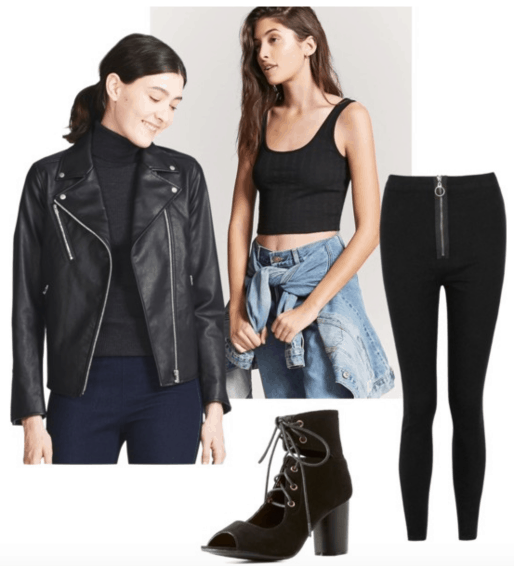 Back to school outfit for winter: leather jacket, black crop top, black jeans, black booties