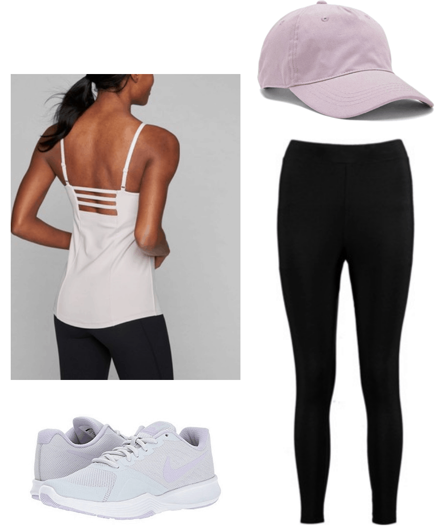 Back to school workout outfit: tank top, leggings, nike, sneakers, baseball cap, lilac, purple