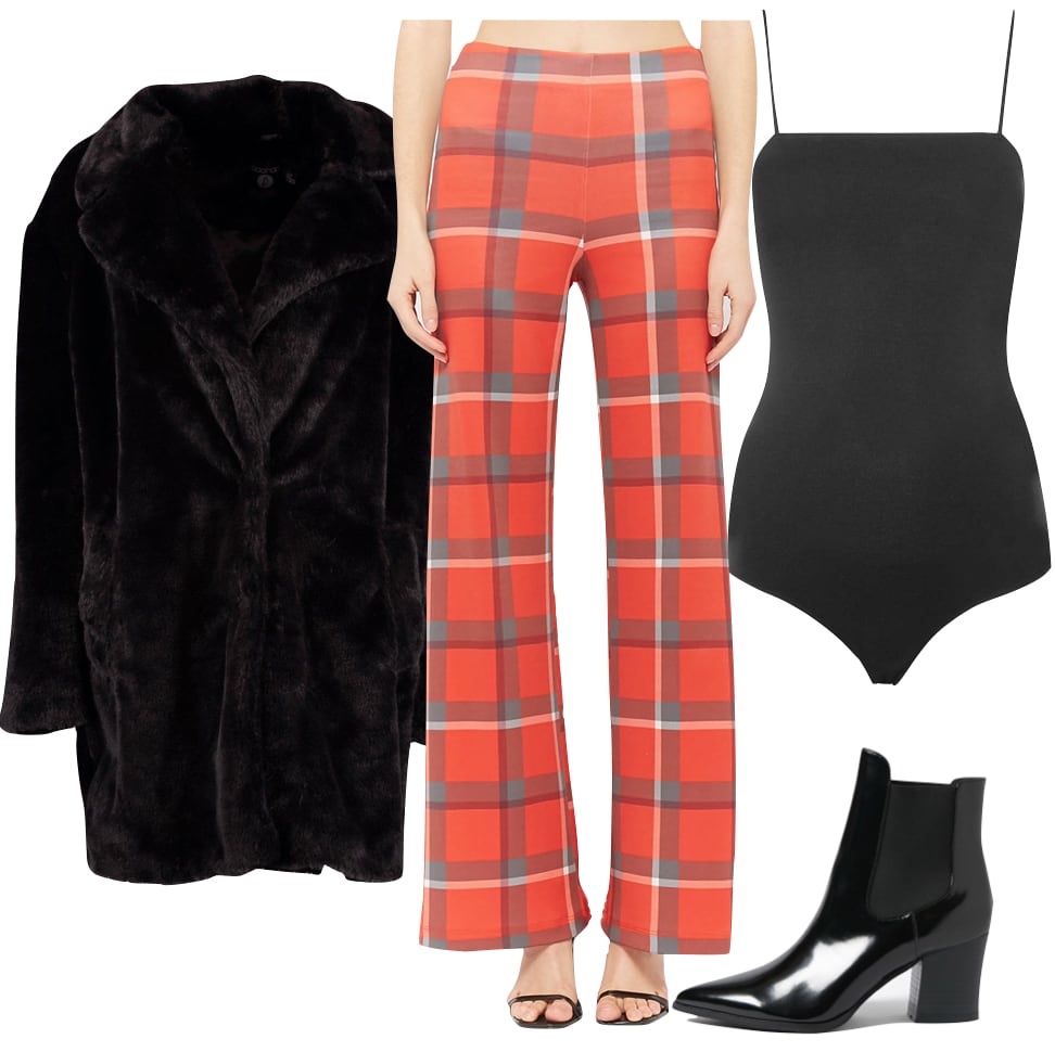 Bailee Madison Outfit: black faux fur coat, orange plaid flared pants, black square neck bodysuit, black pointy toe ankle booties