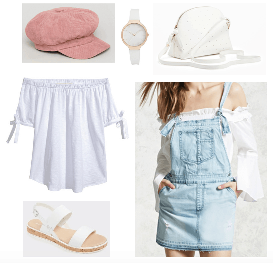 Outfit with blush pink baker boy cap