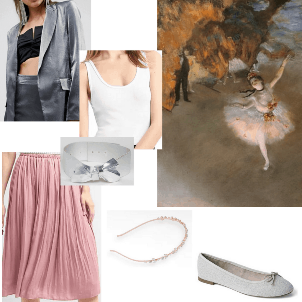 outfits inspired by degas outfits inspired by impressionism outfits inspired by ballerinas silver blazer white tank top silver bow waist belt blush pink ruffled skirt rose gold headband gray bow flats