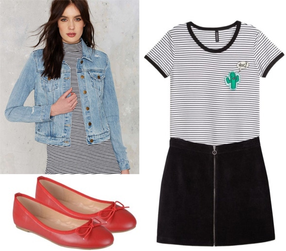 How to wear ballet flats with a black skirt, striped shirt, and denim jacket