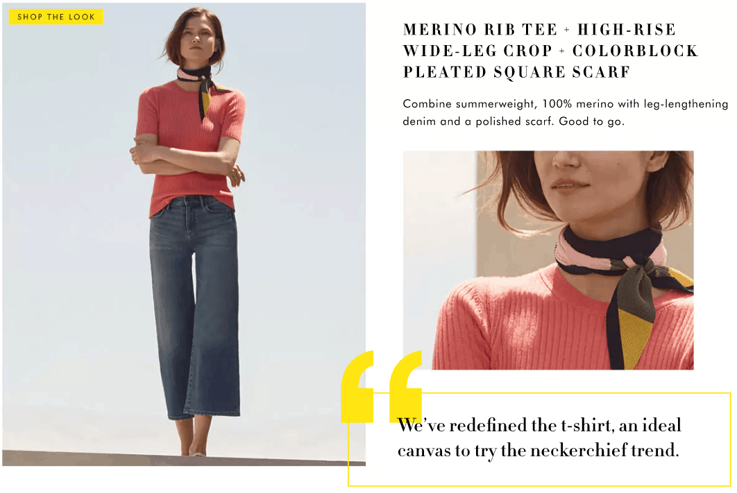 Banana Republic Summer 2017 Lookbook: Model wearing a coral tee shirt, flare leg jeans, neck scarf