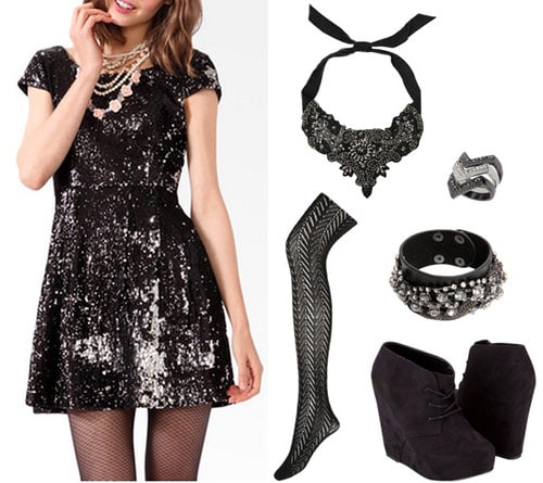 Outfit inspired by The Band Perry's "Better Dig Two": Sequin dress, statement necklace, wedge ankle booties, tights