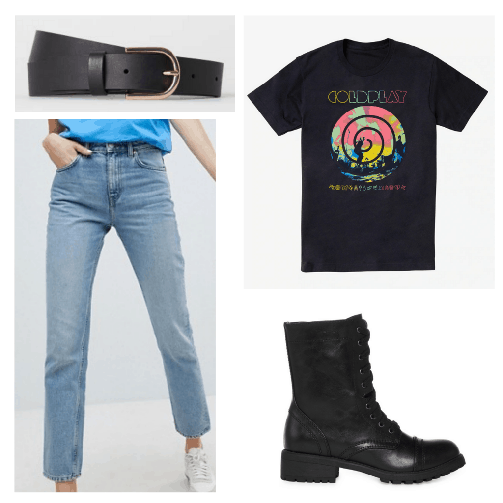 Black Coldplay t shirt with light mom jeans, black belt, black combat boots