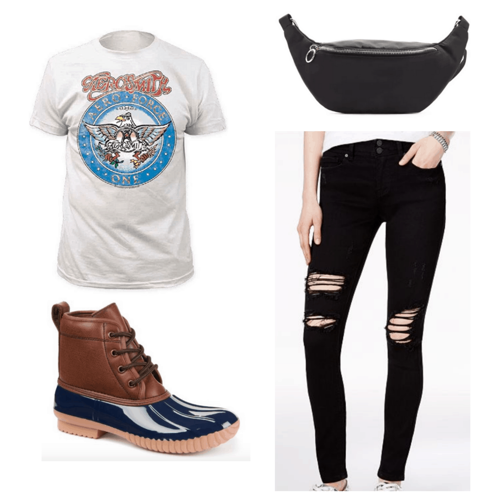 White band t shirt, black distressed jeans, black fanny back and duck shoes