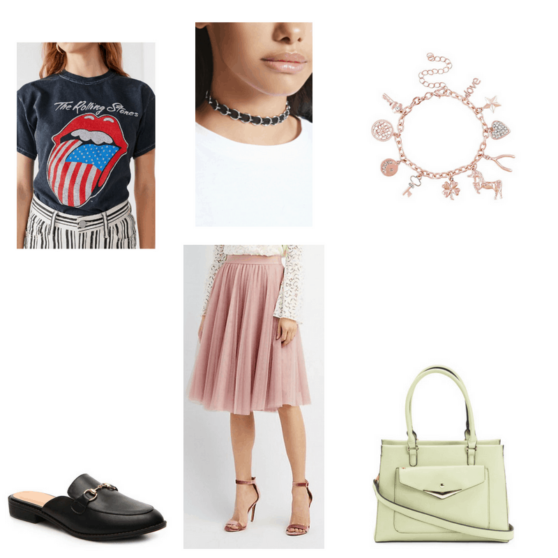 Outfit with Rolling Stones tee, tulle midi skirt, black loafer mules, choker, rose gold charm braclet, and pastel green satchel