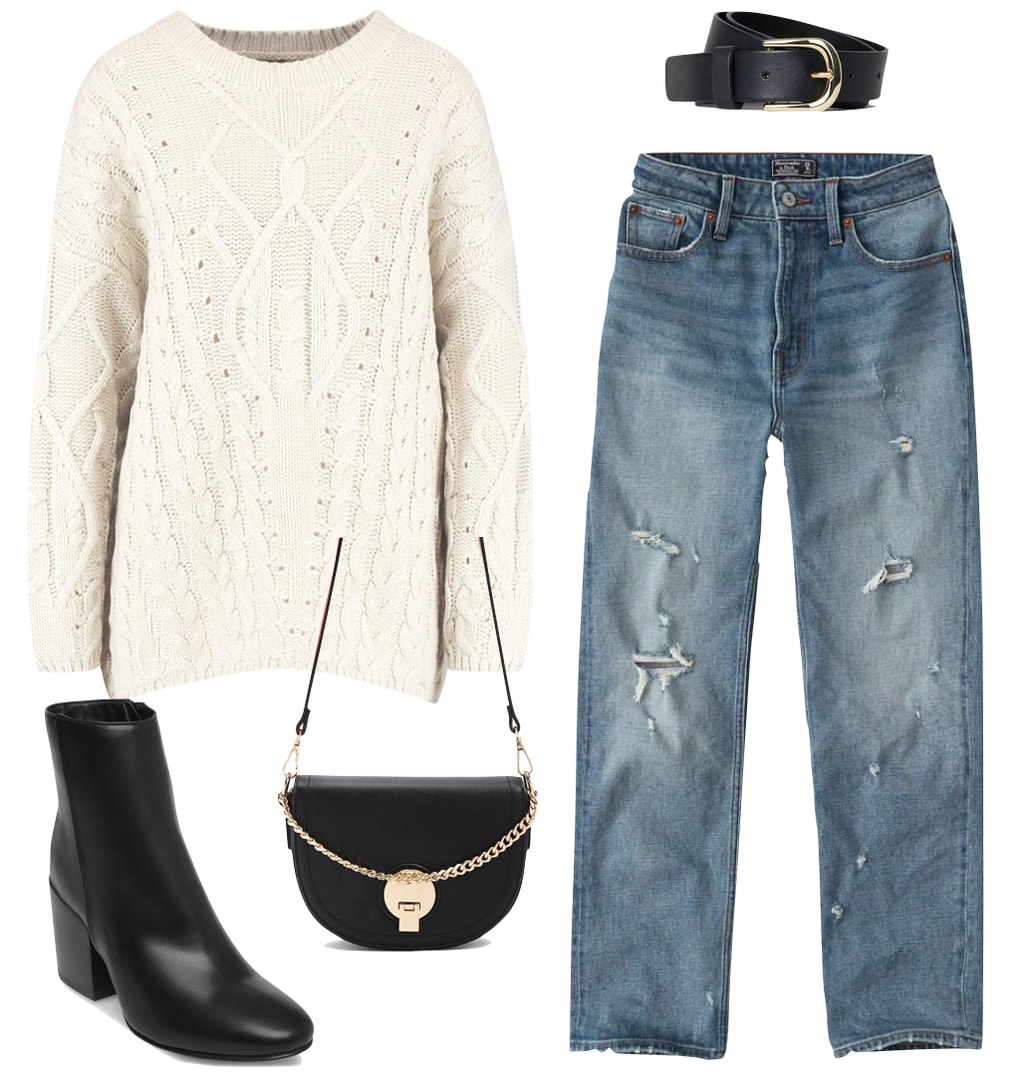 Barbara Palvin Outfit: cream cable knit oversized sweater, high waisted straight leg jeans, black belt with a gold buckle, black faux leather ankle booties, and a black crossbody bag with gold hardware