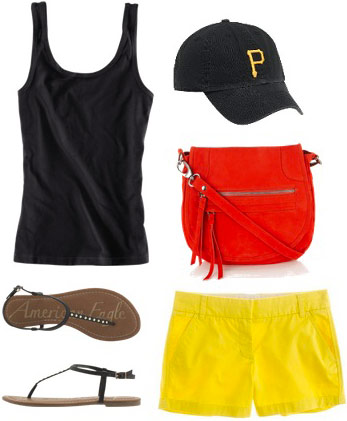 Baseball game outfit: Cute shorts and tank in team colors, baseball hat, basic sandals, contrasting cross-body bag