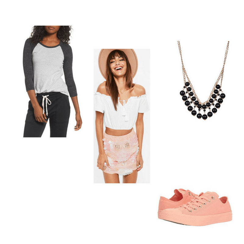 Outfit with baseball tee, sequin embroidered skirt, beaded necklace, and coral sneakers