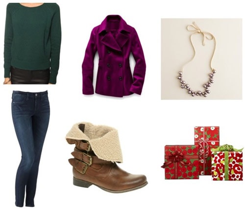 Simple/basic holiday party outfit: Cute sweater, basic jeans, boots, bright coat, necklace