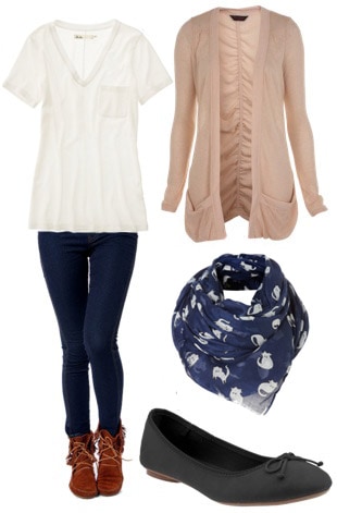 Basic travle outfit: Jeggings, plain white tee, cardigan, scarf, and flats or boots