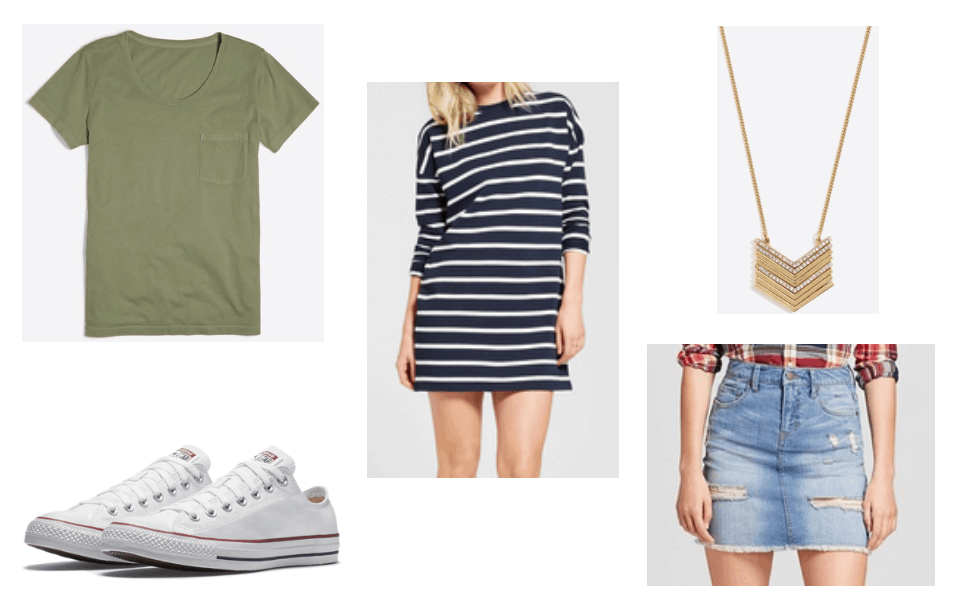 Summer wardrobe basics: Tee shirt, denim skirt, striped t-shirt dress, Converse sneakers, basic pendant necklace