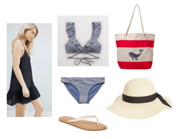 navy swim suit cover-up, blue ruffled stripped bikini top and bottoms, red canvas bag, straw hat, and white flip flops