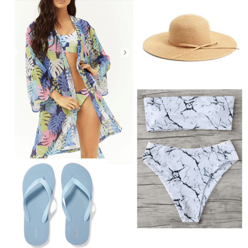 Winter vacation outfit ideas: Outfit for the mountains with marble print two piece bikini, tropical print beach cover up, straw hat, light blue flip flops