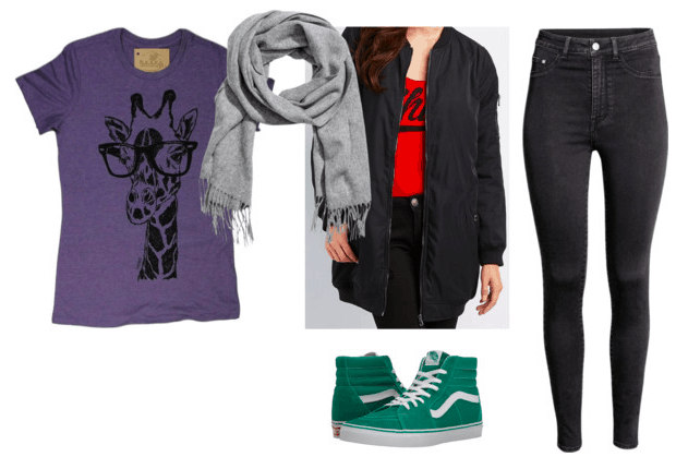 purple giraffe t-shirt gray scarf black bomber jacket black jeans green sneakers teen titans casual cosplay teen titans beast boy outfit