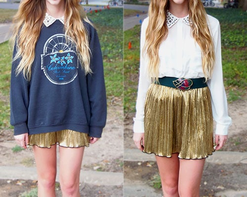 collared shirt, metallic skirt