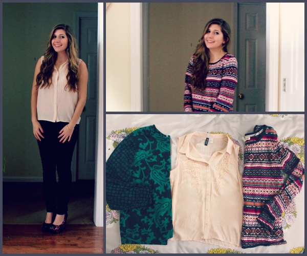 Beige-Sleeveless-Blouse-Navy-Green-Pattern-Top-Pink-Purple-Striped-Sweater-Collage