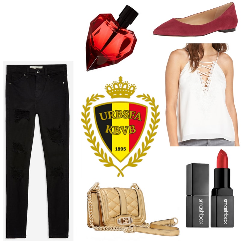 World Cup outfit inspired by Belgium: Black jeans, white lace-up cami, red flats, red lipstick, heart perfume, gold bag