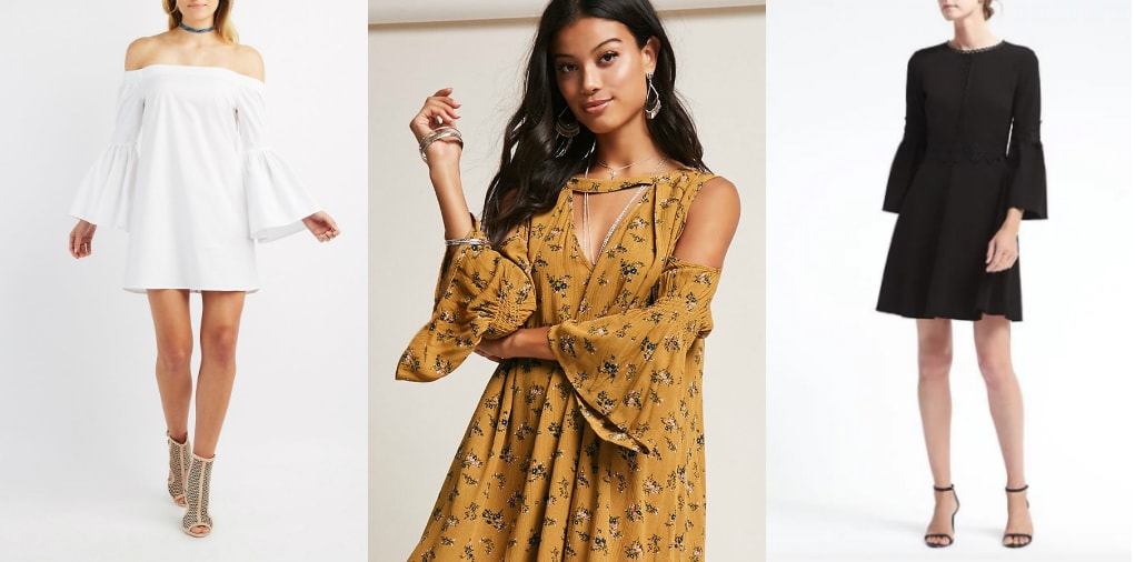 From left to right: an off-the-shoulder white minidress from Charlotte Russe, a mustard print boho dress from Forever 21 with shoulder cutouts, and a tailored little black dress with 3/4 length bell sleeves from Banana Republic.