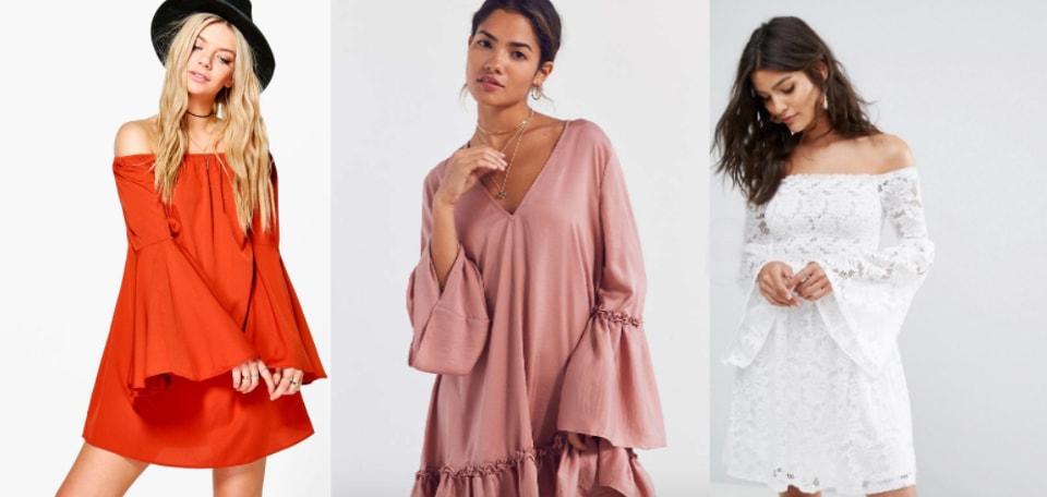 From left to right: a bold orange fluted-sleeve flowy shift dress from Boohoo, a pale pink bohemian ruffled bell-sleeve dress from Urban Outfitters, and a delicate white lace fluted sleeve off-the-shoulder mini dress from ASOS.