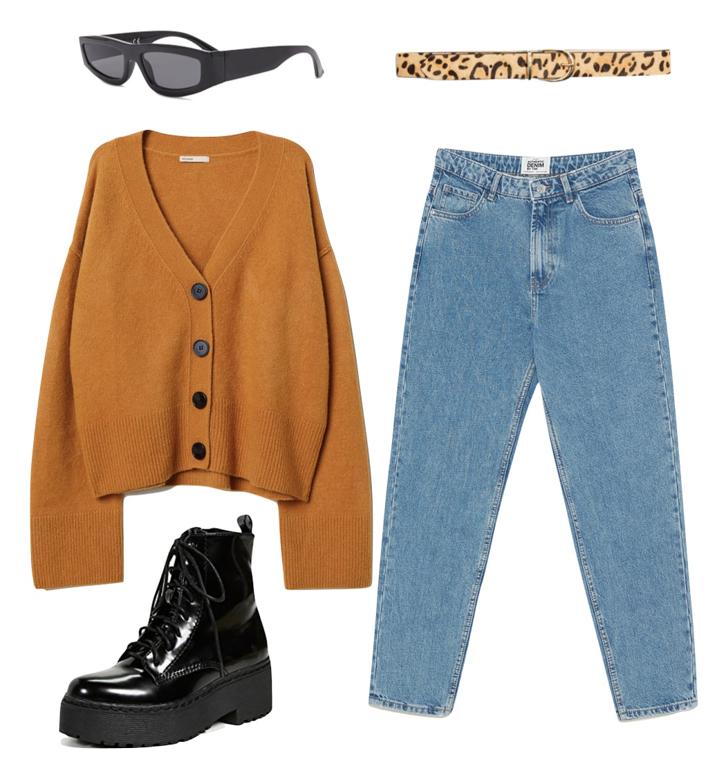 Bella Hadid Outfit: mustard yellow cardigan sweater, blue mom jeans, leopard print belt, thick rectangular sunglasses, and black platform combat boots