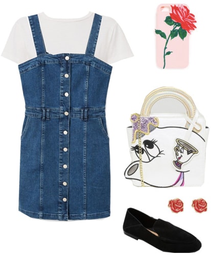 Disney outfit inspired by Belle from Beauty and the Beast: Blue denim overall dress, white tee shirt, black flats, Mrs Potts purse, rose earrings, rose phone case