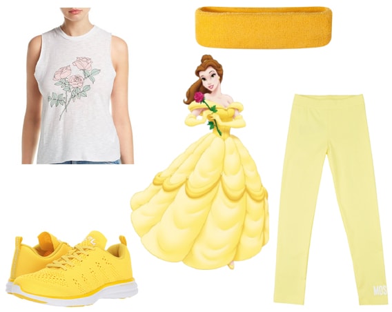 Belle-inspired workout outfit with yellow sneakers, yellow leggings, rose tank top, yellow sweat band. Disney princess workout outfits set