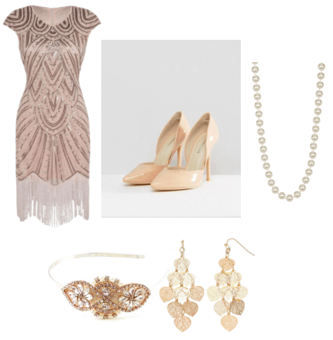 Rose gold sequin embellished fringe flapper dress, peach pumps, a strand of pearls, a gold sparkly embellished crystal headband, and gold filigree dangling earrings