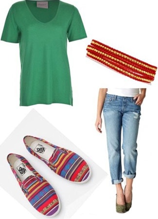 Outfit inspired by your guy best friend: Loose tee shirt, boyfriend jeans, slip-ons, easy wrap bracelet