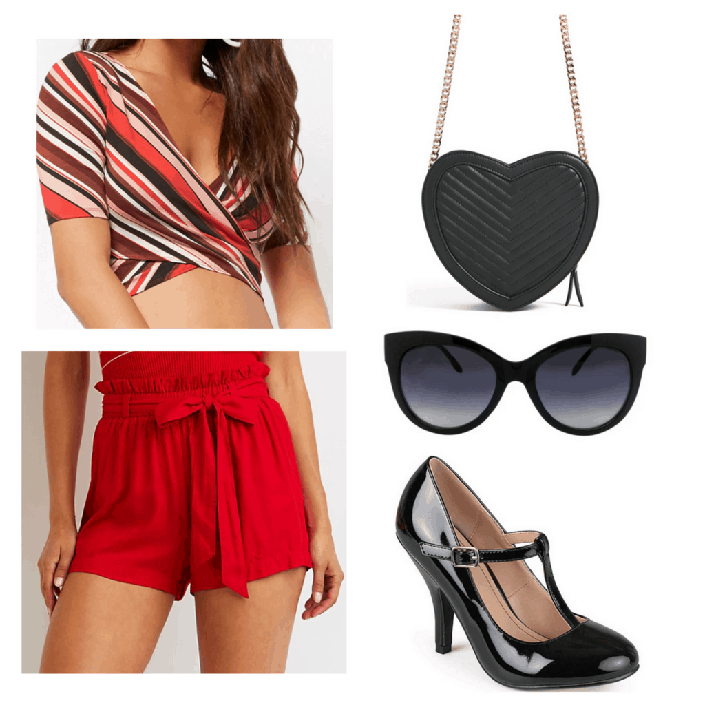 Red striped crop top with high waisted shorts, heart-shaped bag, sunglasses and heels