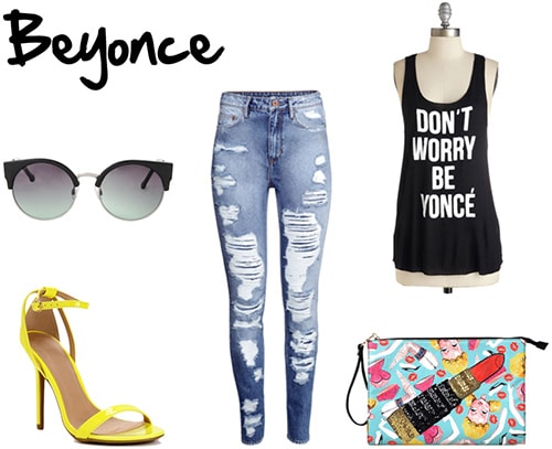 Outfit inspired by Beyonce: Ripped jeans, colorful clutch, Don't Worry Be Yonce tank, yellow heels